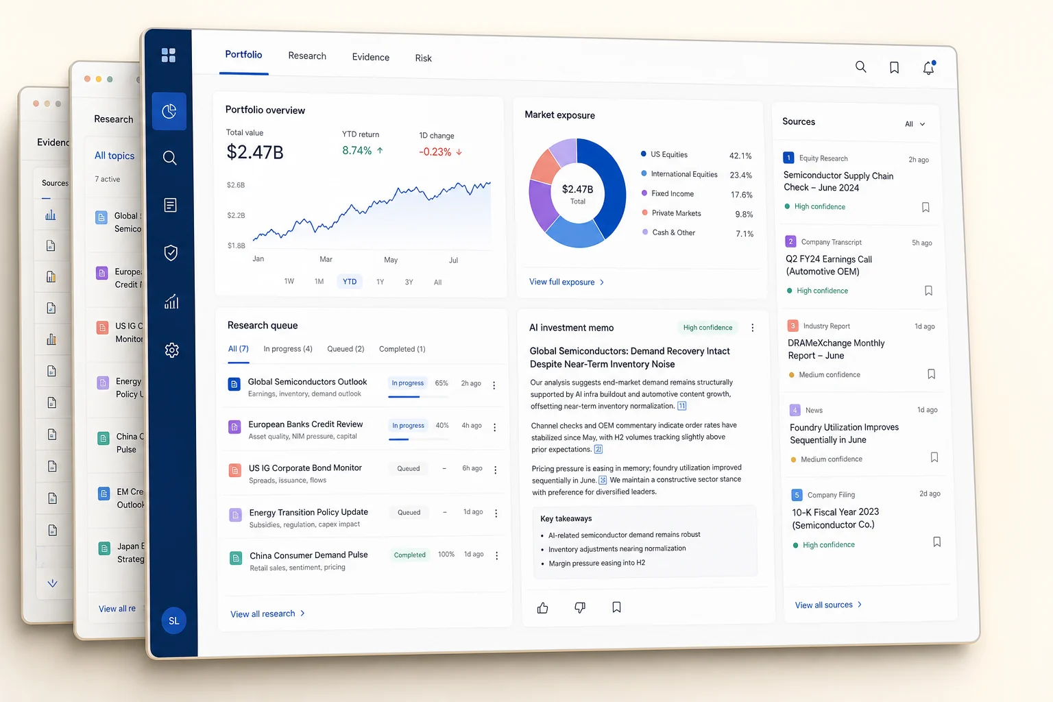 Finora investment intelligence dashboard with portfolio exposure, research queue, sourced AI memo, and evidence panel
