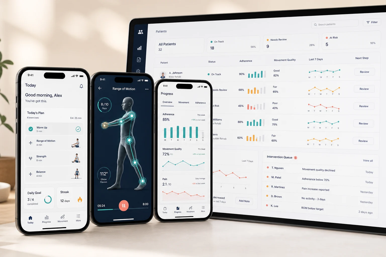 Kinetic Health mobile rehabilitation screens with movement tracking and a clinician patient-monitoring dashboard