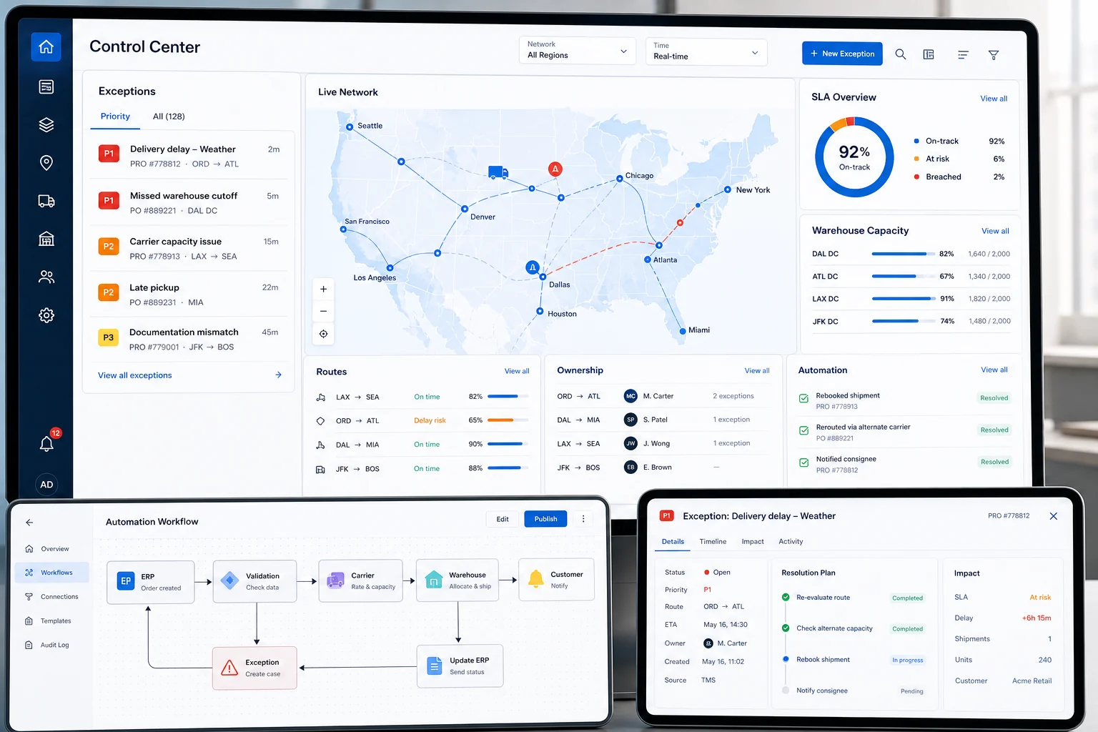 Northstar logistics control center with route map, exception queue, SLA status, and automation workflow