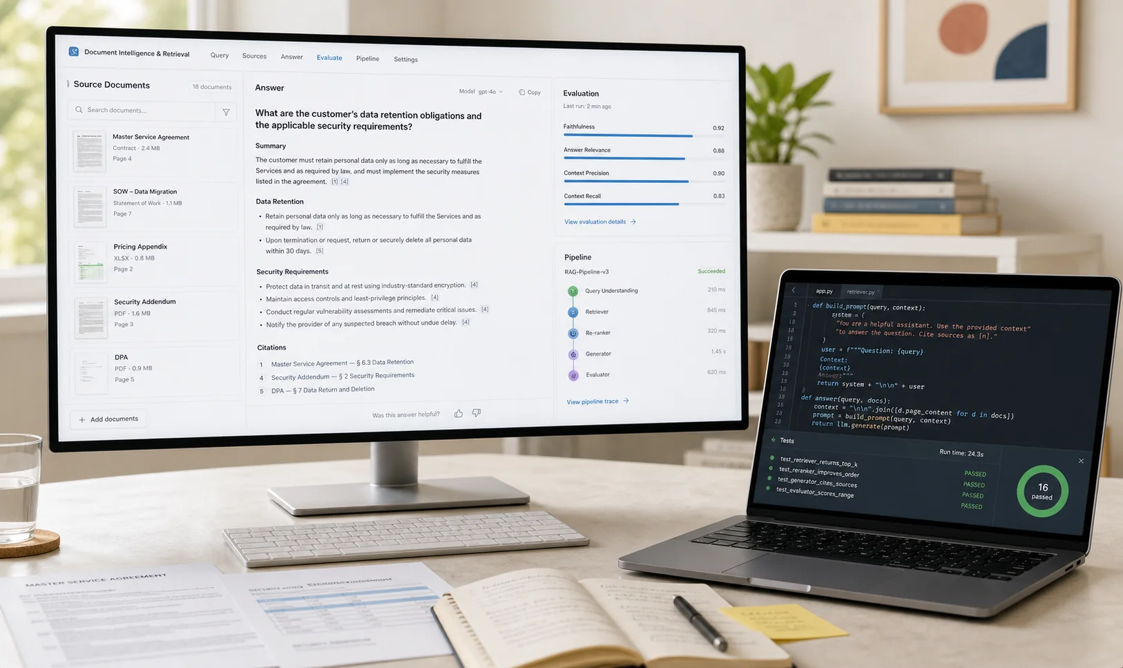 A source-grounded AI workspace with document retrieval, evaluation scores, and Python tests