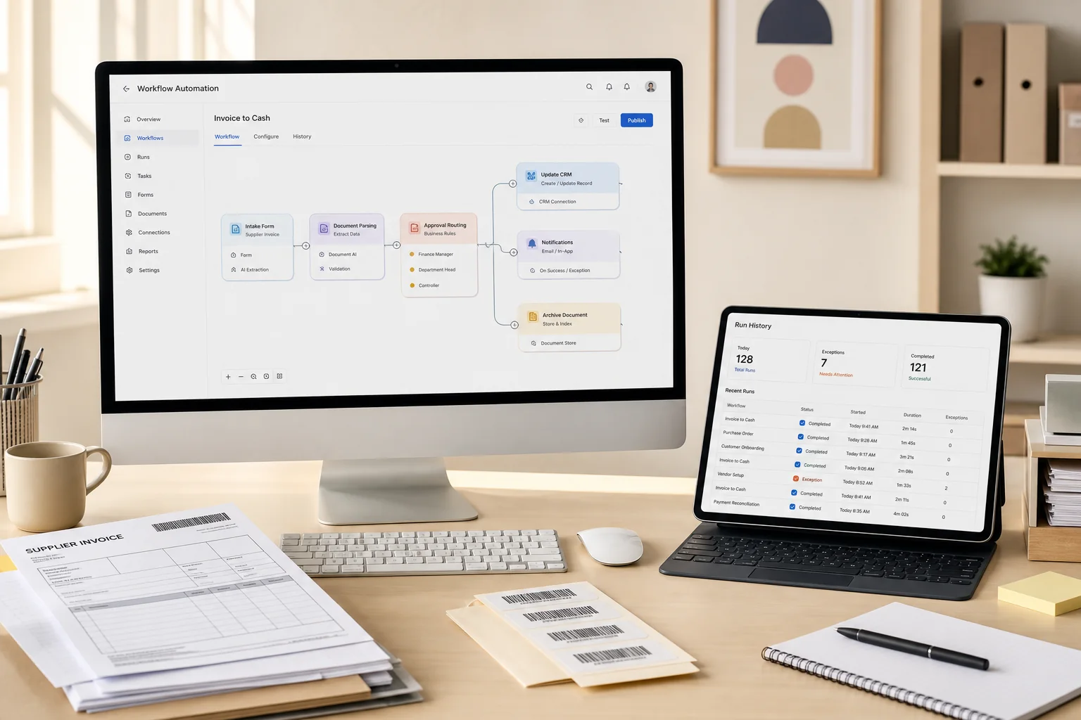 A visual business automation workflow with connected systems and live run history