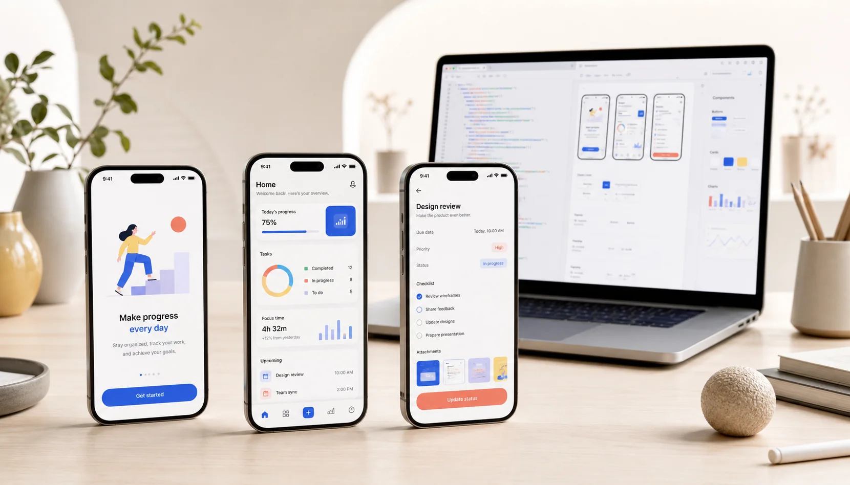 A mobile product shown across three phones with application code on a laptop behind them